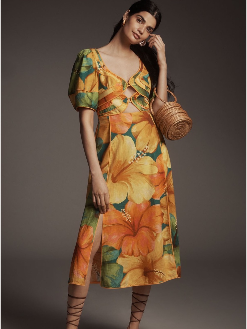 Farm Rio x Anthropologie Linen Short Sleeve Cutout Print Dress Orange Sz XL NEW